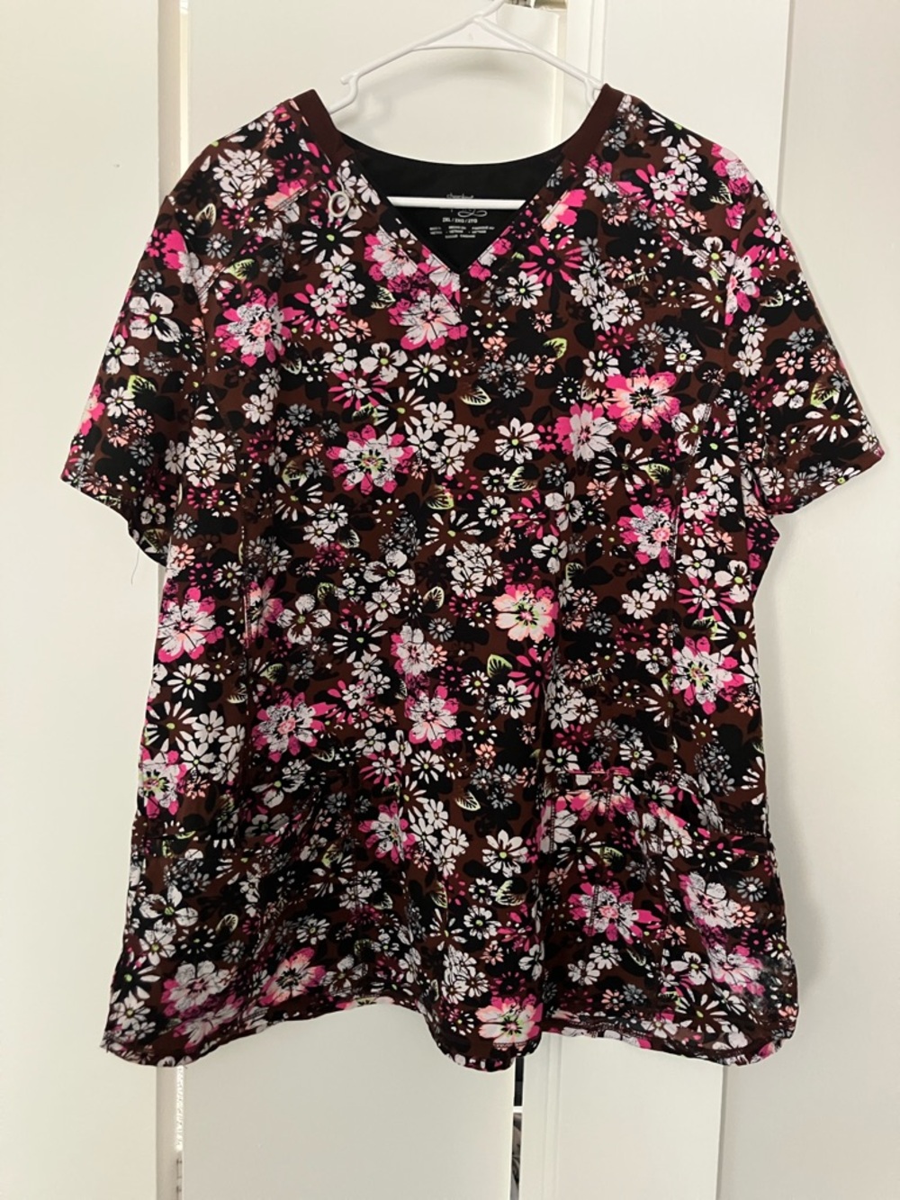Women’s Floral V-Neck Scrub Top in Brown with Pink Accents